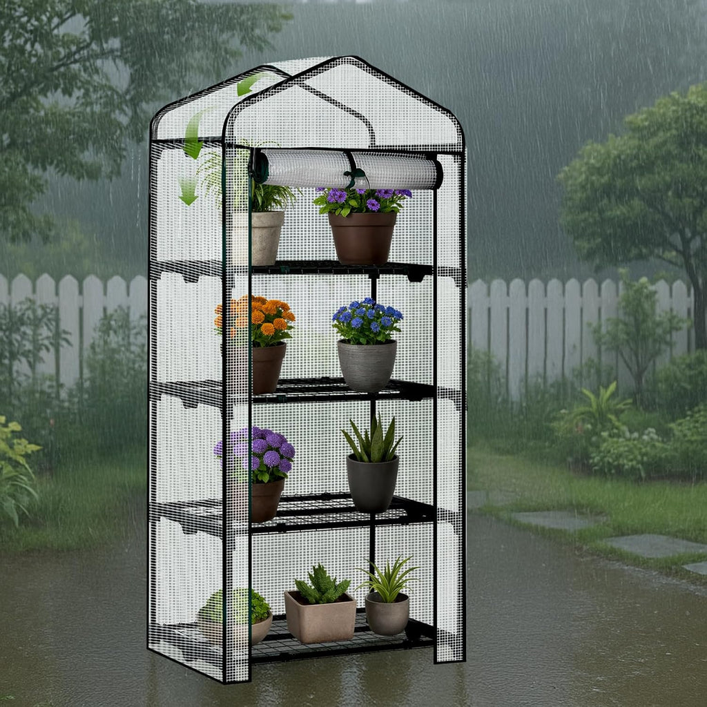 Outvita Mini Greenhouse, Small PE Plant Green House with 4 Tiers Rack, Shelf Clips, Roll-up Zipper Door, Gardening Supplies for Indoor Outdoor Seedling Frost Protection , 27"x19.6"x63" White