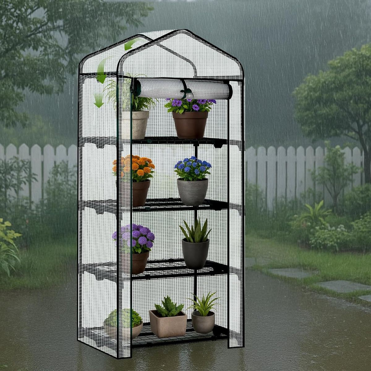 Outvita Mini Greenhouse, Small PE Plant Green House with 4 Tiers Rack, Shelf Clips, Roll-up Zipper Door, Gardening Supplies for Indoor Outdoor Seedling Frost Protection , 27"x19.6"x63" White