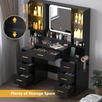 Wodeer Black Makeup Vanity Desk with Mirror & Lights, Modern Vanity Table with Charging Station, 7 Drawers, Glass Cabinet, Adjustable Shelves, Bedroom Dressing Table Set for Women & Girls