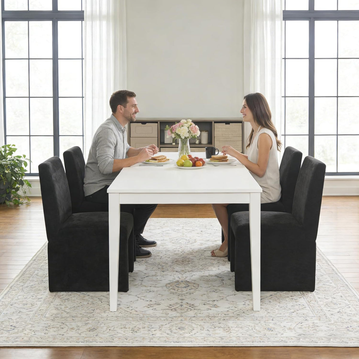 RNKSFX Black Upholstered Dining Chairs Set of 2, Kitchen & Dining Room Chairs, Mid Century Modern Chairs, Linen Dining Chairs with Wooden Frame, Fabric