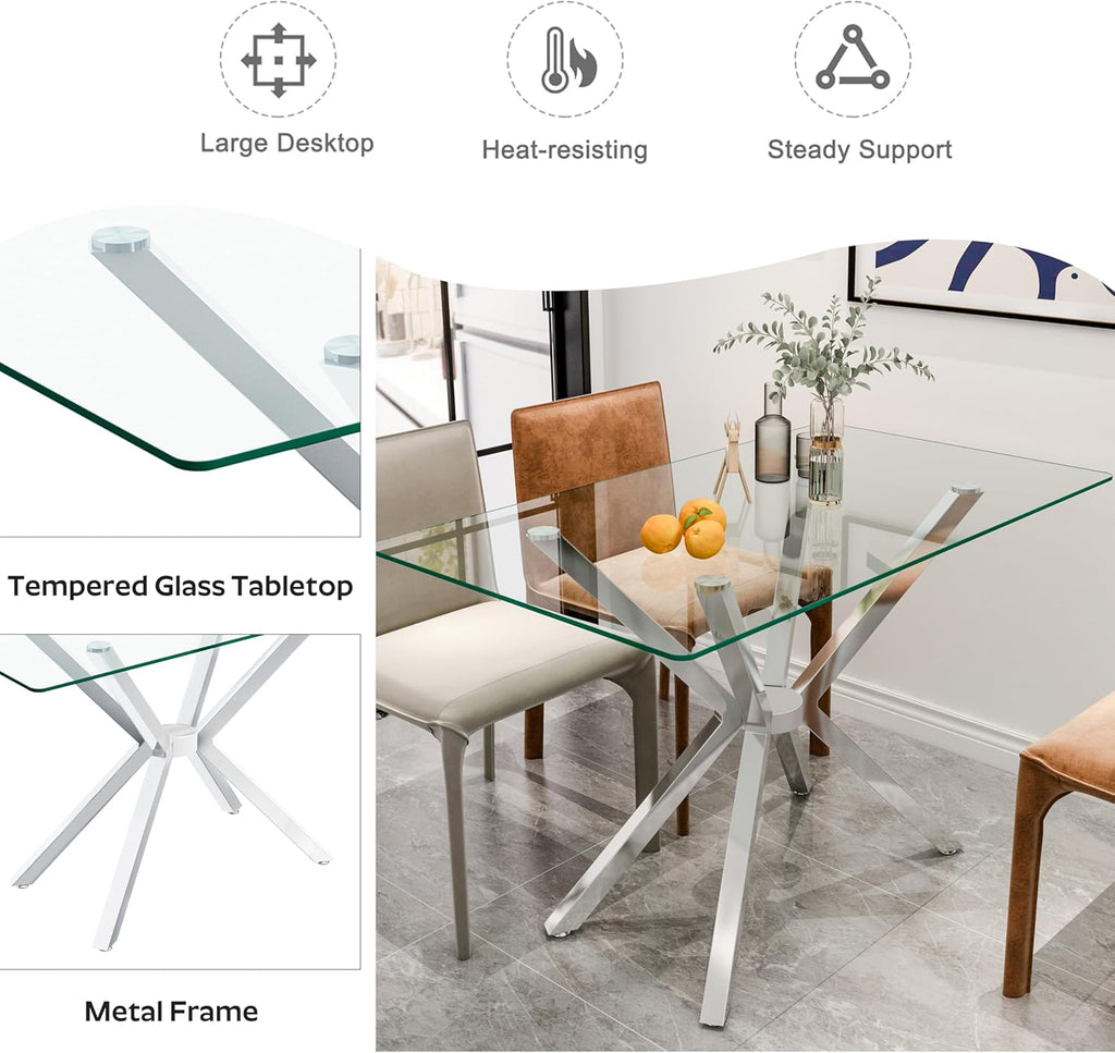 yeag Modern Rectangular Glass Dining Table Set, 47" Clear Tempered Glass Kitchen Table with Silver Metal Legs & 2 Black Velvet High-end Tufted Chairs with 1 Bench for Home, Dining Room, Apartment
