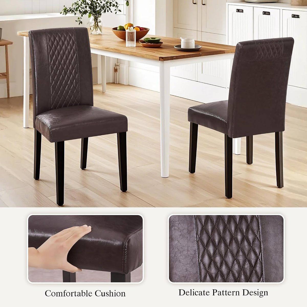 VECELO Dining Chairs Set of 6, Upholstered PU Leather Wood Legs High Back for Kitchen Living Room, Coffee