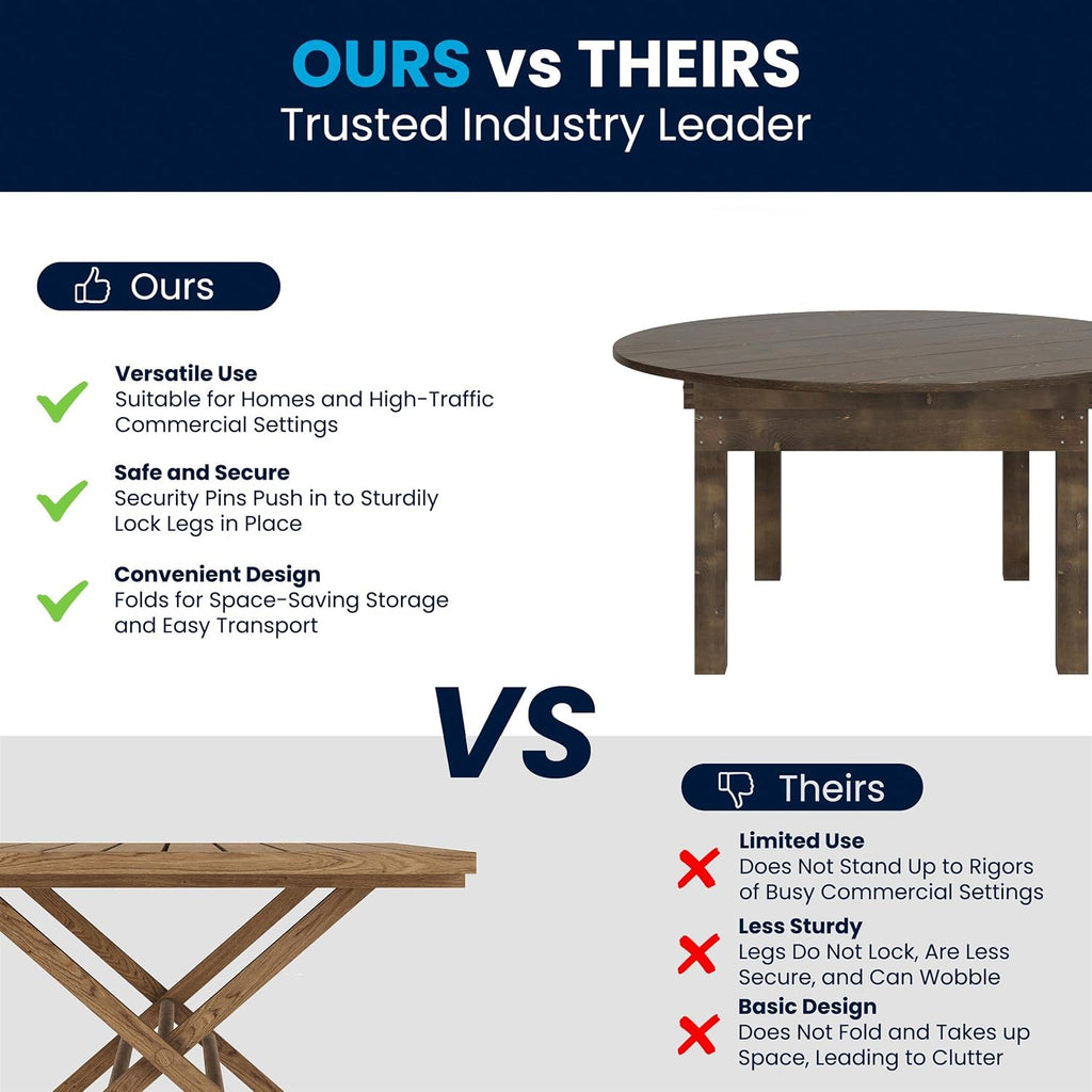 Flash Furniture Hercules Commercial Round Farmhouse Folding Table, Antique Rustic Solid Pine Dining Room Table, Foldable Locking Legs, 60" Diameter, Mahogany