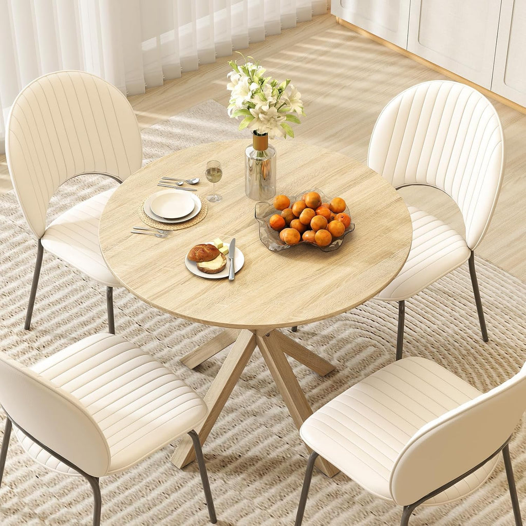 Giantex 36" Round Dining Table for 4, Farmhouse Kitchen Table with Rubber Wood Legs, Adjustable Foot Pads, Dining Room Tables for Dinette, Small Space, Dinner, Living Room, Restaurant, Oak