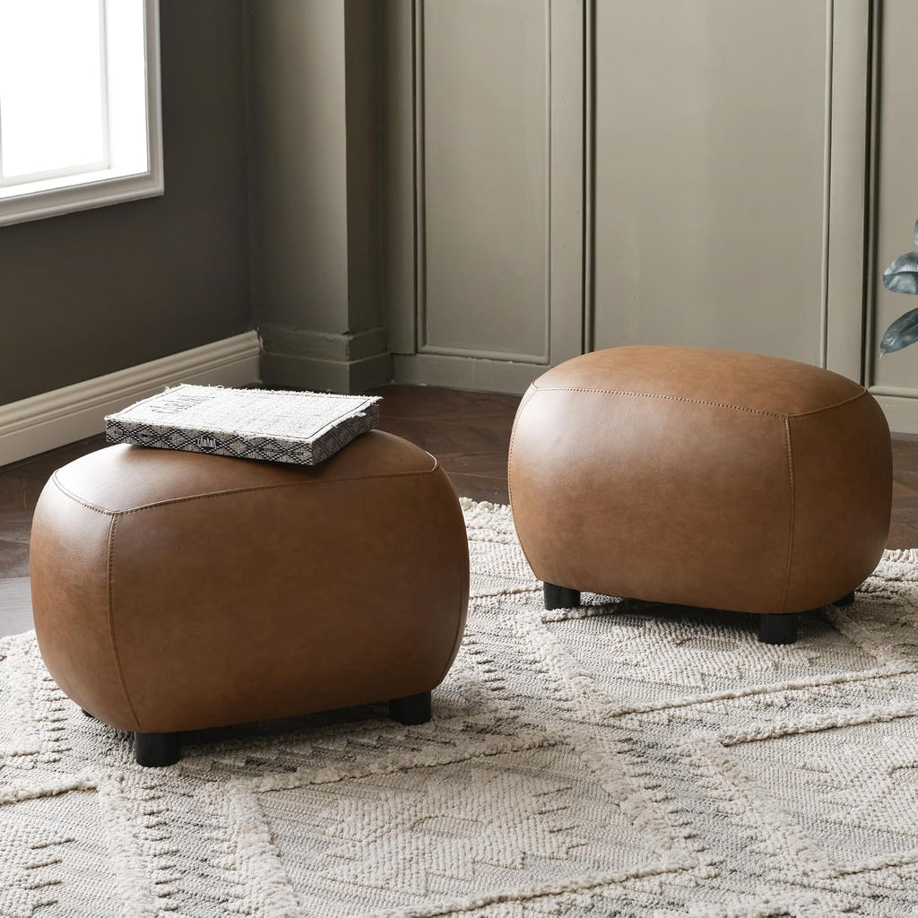 KINWELL 23" Wide Faux Leather Upholstered Ottoman Set of 2, Camel | Living Room Footrest with Soft Padded Seat, Mid-Century Modern Entryway Footstool for Bedroom, Entryway or Living Room