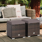 HAPPYGRILL 2PCS Patio Ottoman Set Outdoor Wicker Stool with Storage, Rattan Footrest Ottoman with Solid Metal Frame and Cushion for Backyard Poolside Garden Porch Balcony