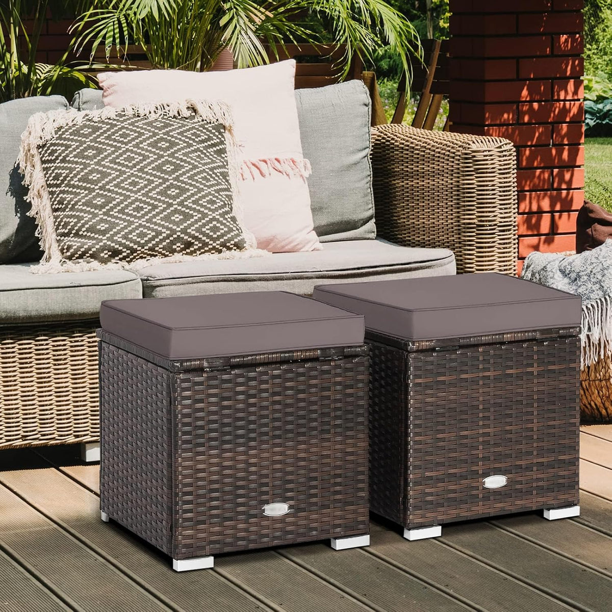 HAPPYGRILL 2PCS Patio Ottoman Set Outdoor Wicker Stool with Storage, Rattan Footrest Ottoman with Solid Metal Frame and Cushion for Backyard Poolside Garden Porch Balcony