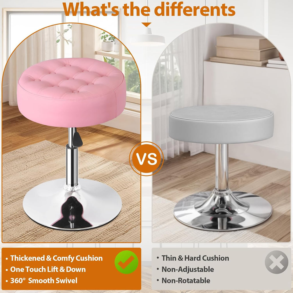 Nova Microdermabrasion Vanity Chair Stool Modern Tufted Round Ottoman Stool Swivel Makeup Chair for Bathroom Bedroom Living Room (Pink)