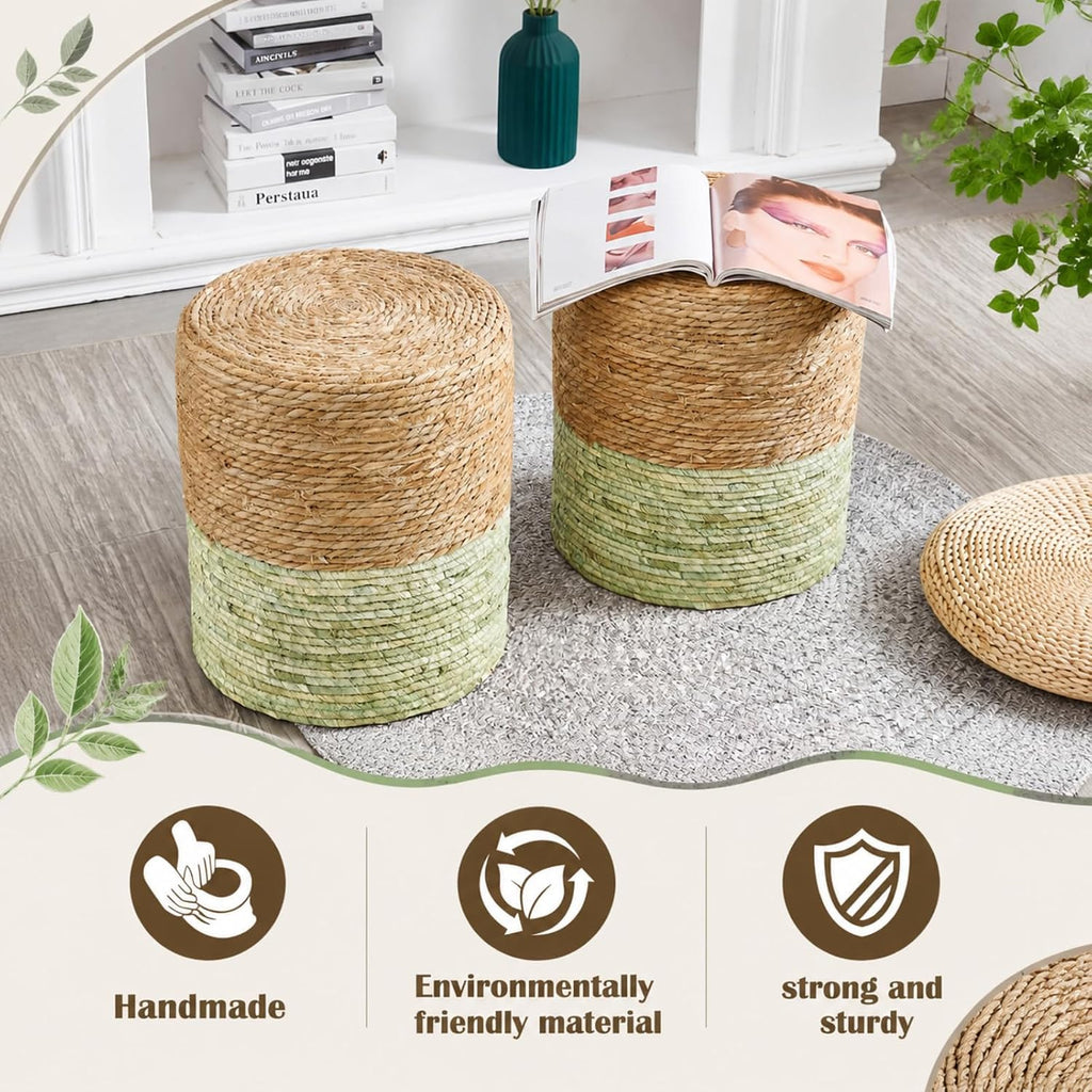 Barydat 2 Pcs 15'' Ottoman Pouf Natural Seagrass Braided Poof Hand Weaving Round Ottomans Boho Footrest Stool for Home Living Room Bedroom Patio(Natural and Green)
