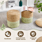 Barydat 2 Pcs 15'' Ottoman Pouf Natural Seagrass Braided Poof Hand Weaving Round Ottomans Boho Footrest Stool for Home Living Room Bedroom Patio(Natural and Green)