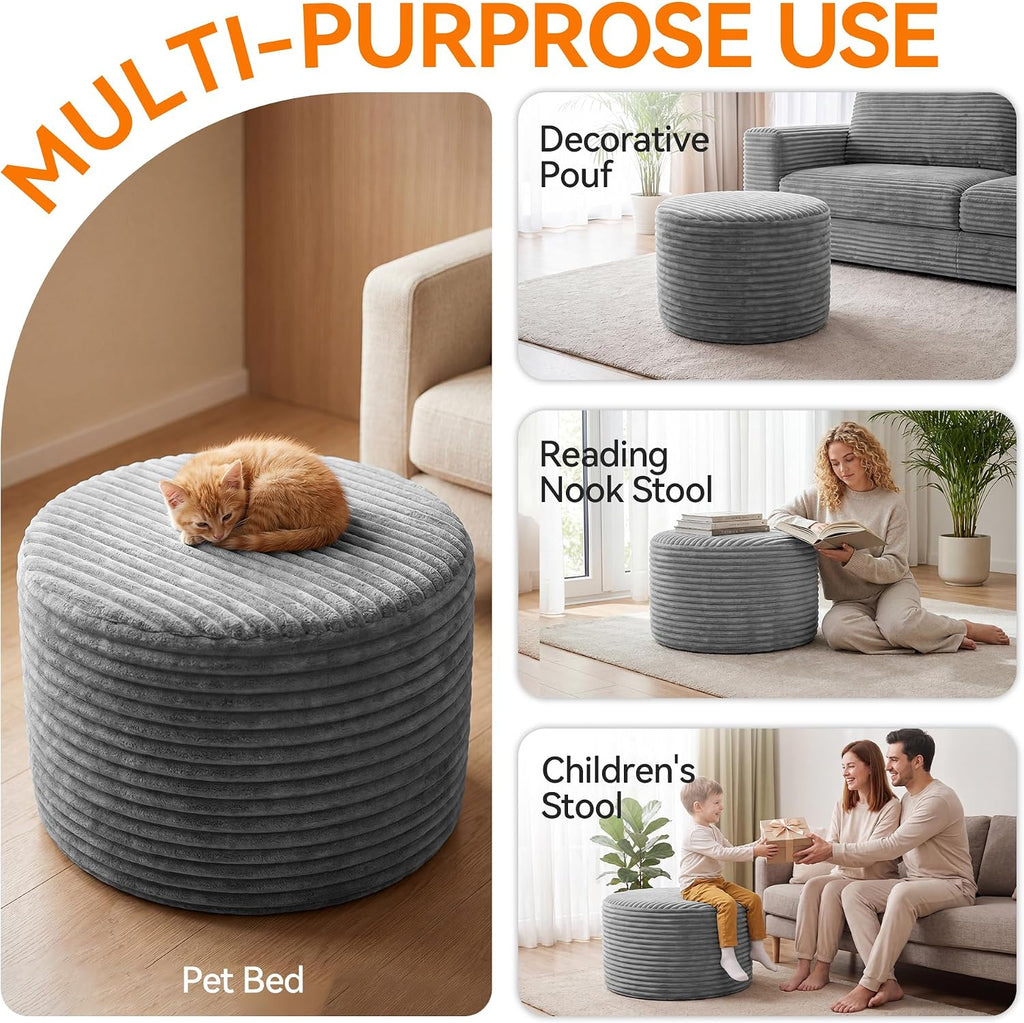 20in Round Pouf Ottoman, Large Corduroy Ottoman Foot Rest with Solid High-Density Foam, Removable Washable Cover, Soft Floor Foot Stool for Living Room, Bedroom, Grey