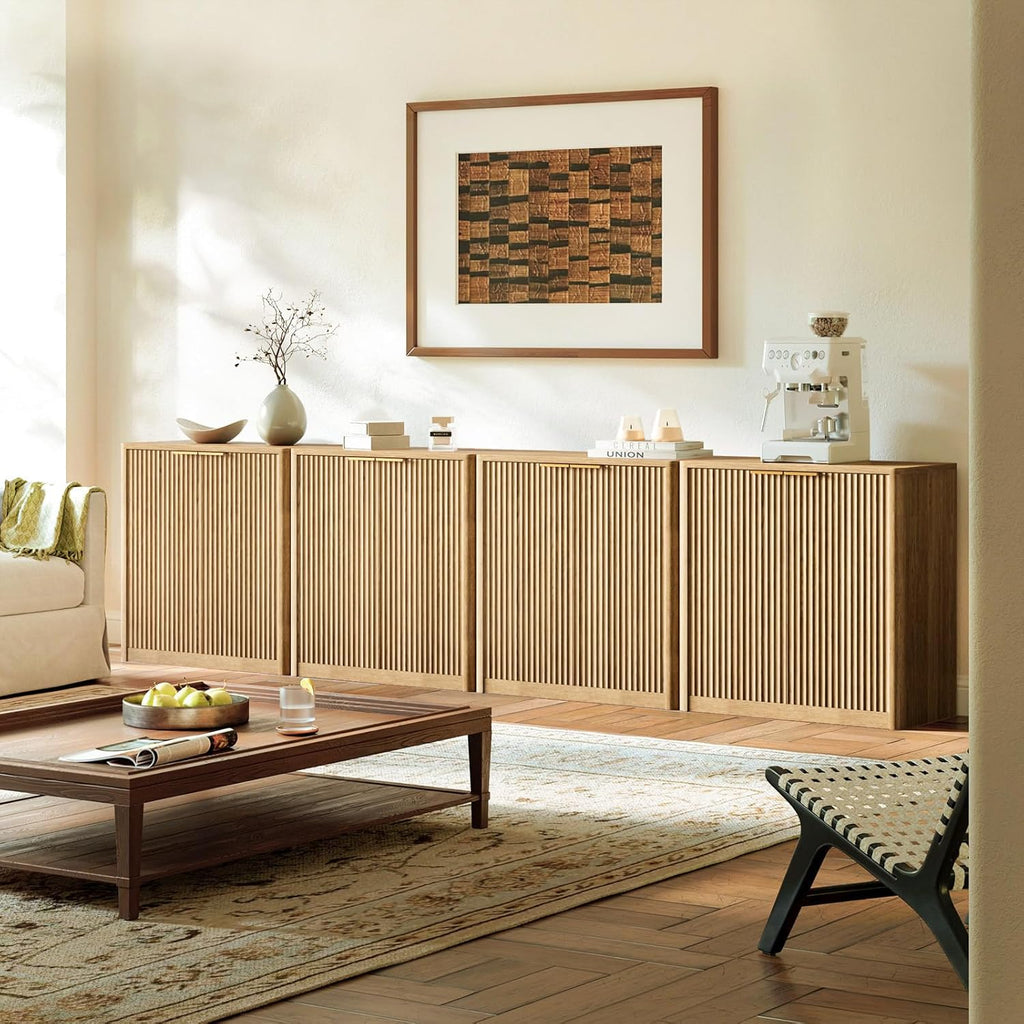 Evermagin 31.5" Oak Buffet Cabinet with Storage, Small Sideboard Cabinet, Boho Accent Credenza, Fluted Console Table with Doors for Dining Room, Kitchen, and Living Room