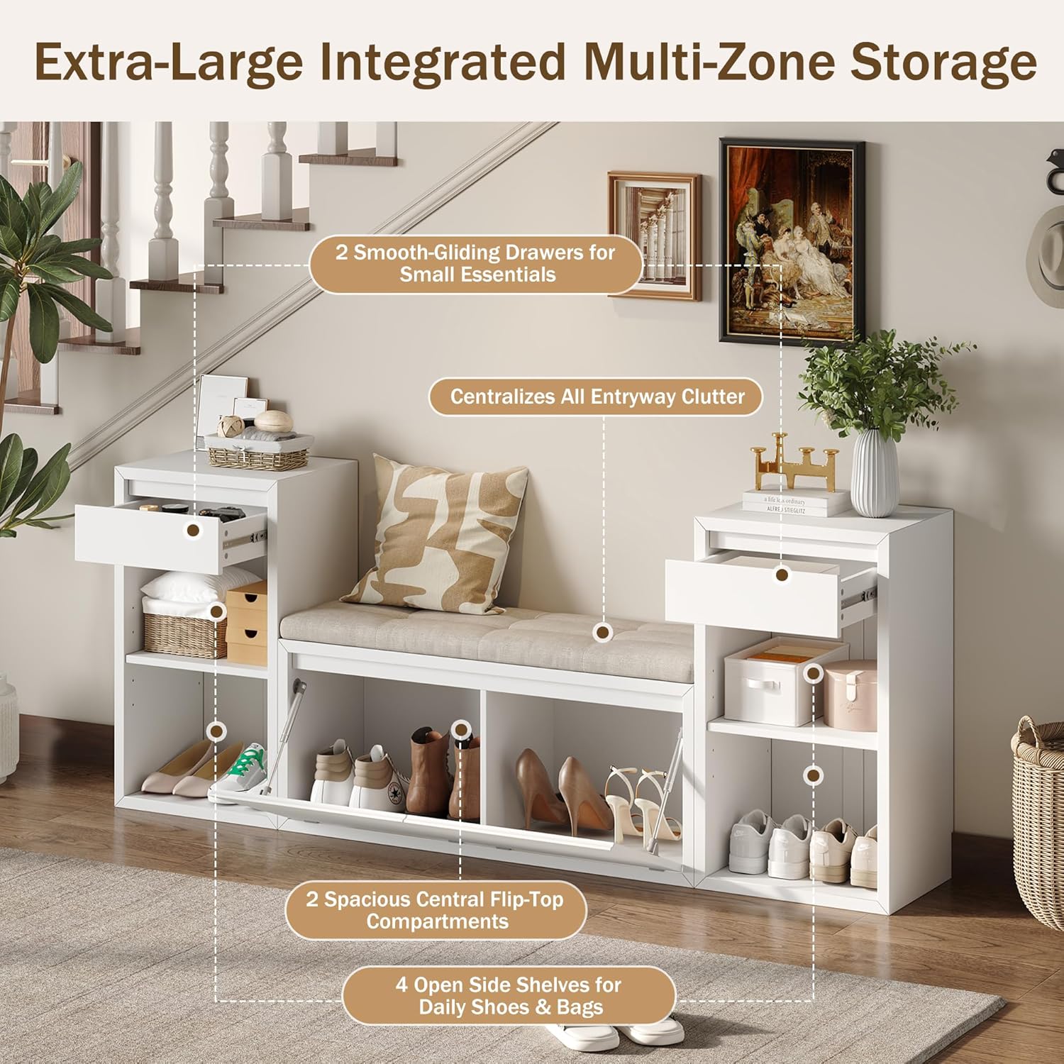 Entryway Bench with Shoe Storage, Solid Wood Shoe Bench with Cushion and Drawers, Open Shelves, Storage Bench for Entry Way, Living Room, Hallway, White