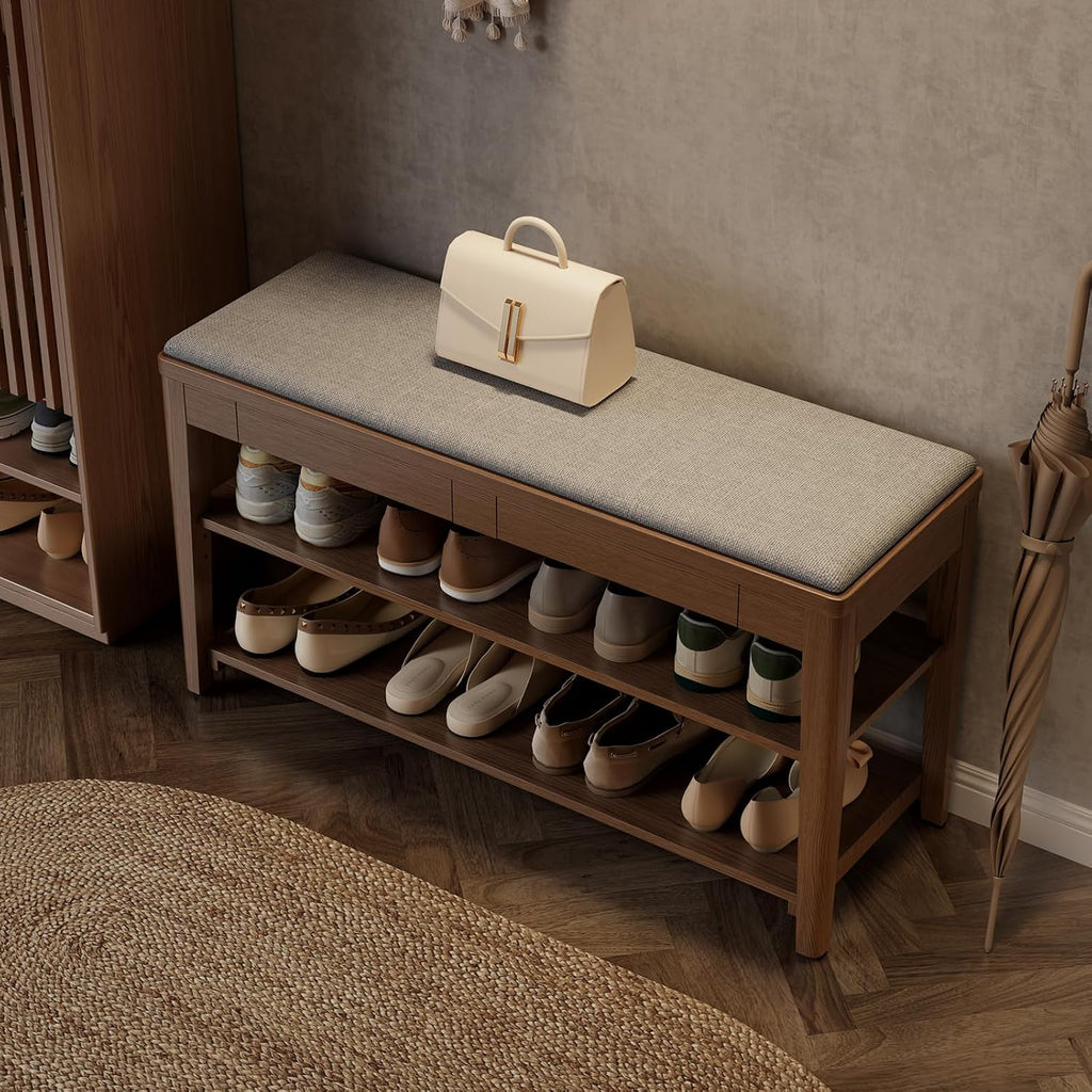 Shoe Bench with Storage, Wooden Shoe Storage Bench with Cushion&Hidden Drawer, 2-Tier Shoe Rack Bench for Entryway, Mudroom, Hallway