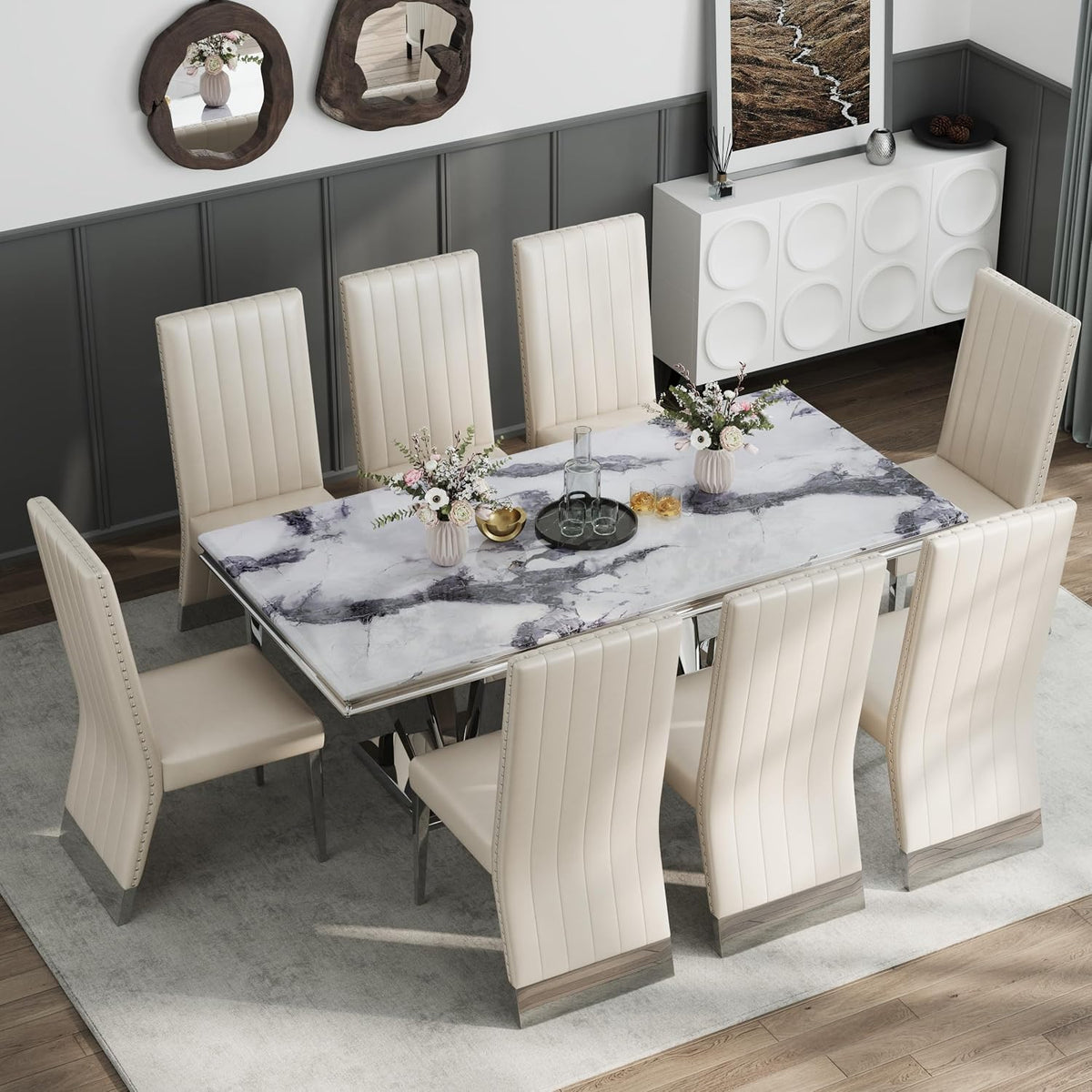 AUZ Modern White Leather Dining Chairs with Silver Mirrored Legs, Set of 2 | White Upholstered Leather Kitchen Room Chairs, High Back with Nailhead Trim, Polished Chrome Stainless Steel Legs