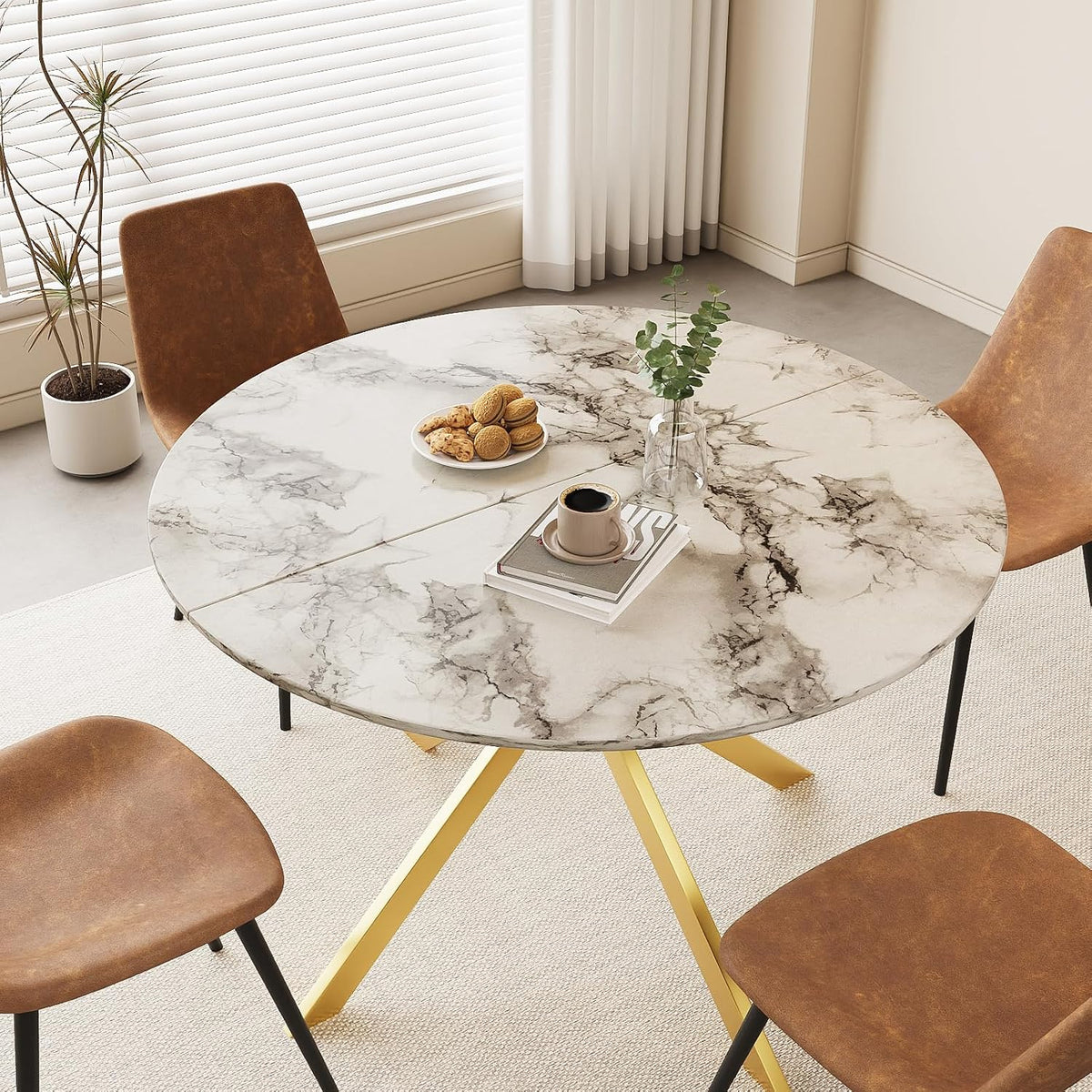ALBAD 46.4" Round Dining Table, Mid Century Modern Round Dining Room Table for 4-6 with Metal Legs, Easy Assembly Coffee Table, Space-Saving Design for Kitchen and Dining Room