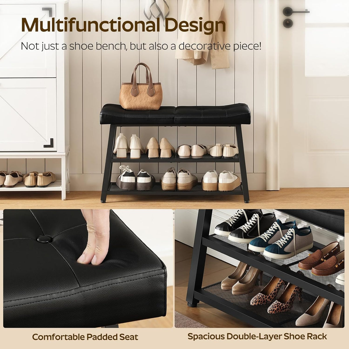 YATINEY Shoe Bench, 3-Tier Shoe Rack, Entryway Bench with Storage and Cushion, for Hallway, Foyer, Bedroom, Black HX02BB