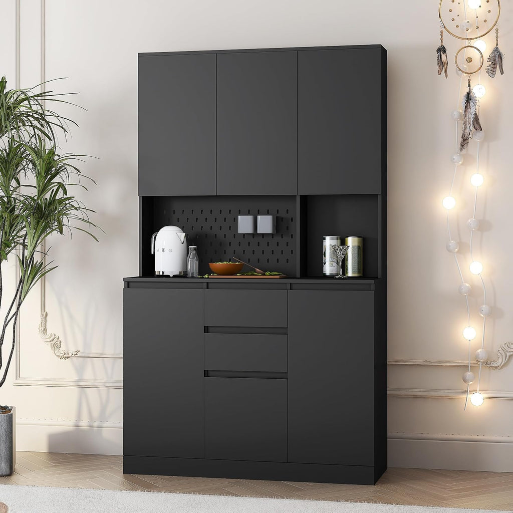 roomfitters 74" Kitchen Pantry Cabinet with Charging Station & USB Ports, Large Food Storage Cupboard, Microwave Stand, Black