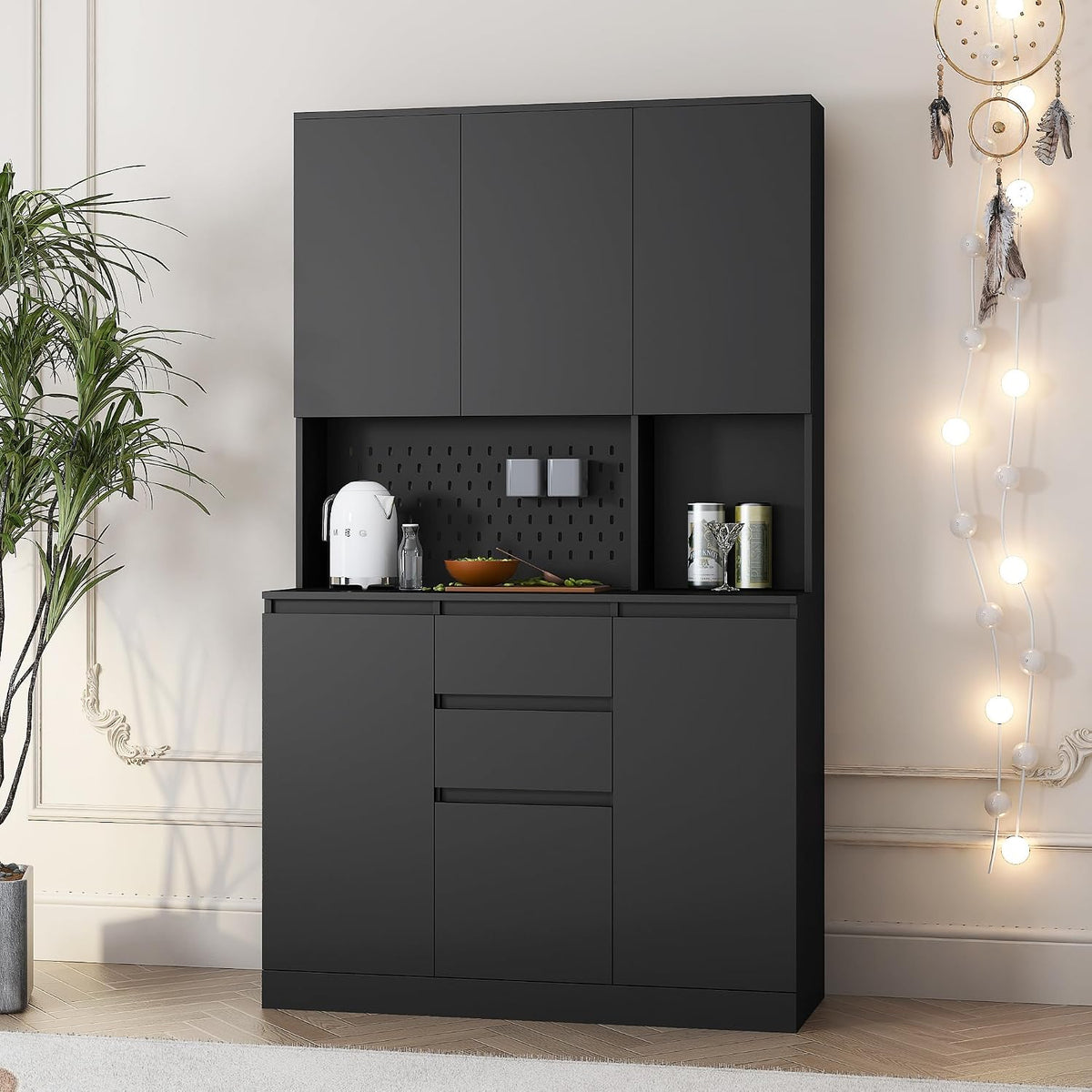 roomfitters 74" Kitchen Pantry Cabinet with Charging Station & USB Ports, Large Food Storage Cupboard, Microwave Stand, Black