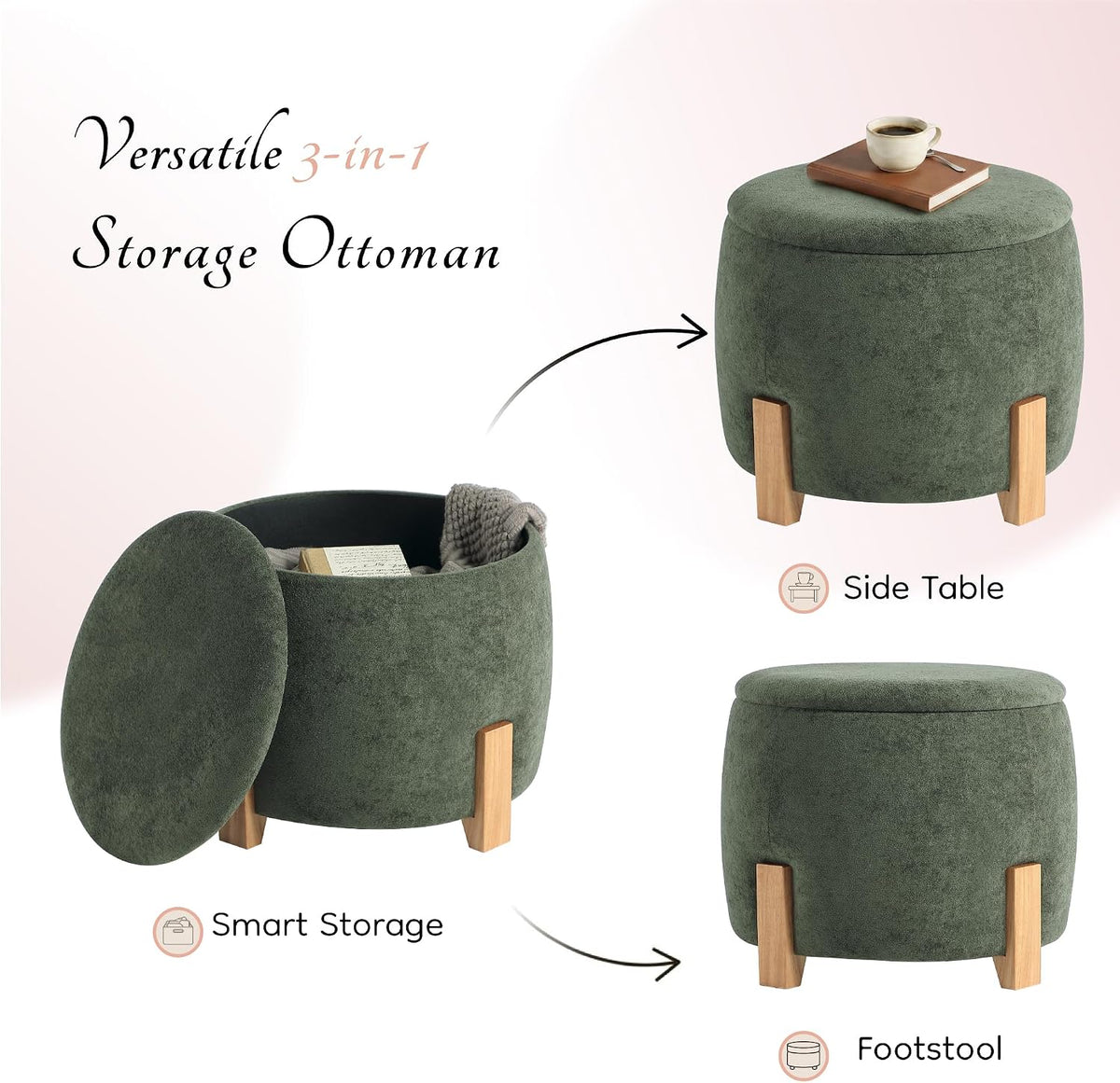 Get Set Style 22 inch Round Ottoman with Wooden Legs, Storage Vanity Stool for Makeup, Upholstered Footrest Stool,Coffee Table for Living Room, Bedroom