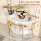 39.4" Console Table with Half Moon Wood Shelves, 2 Tier Modern Entryway Table with Curved Metal Frames, Narrow Sofa Couch Table for Hallway, Entrance, Living Room, Foyer, White Marble & Gold