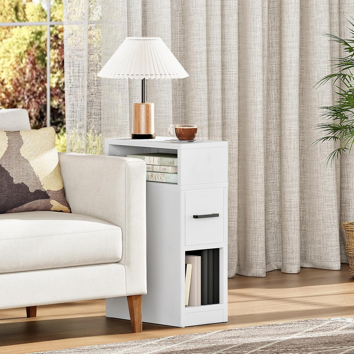 CHOEZON Narrow Side Table, 7.9" Small Nightstand with Drawer, Skinny Bedside Table, for Small Spaces, Flexible Open Compartment, for Bedroom, Living Room, White MBZ11WB
