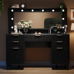 Fluted Makeup Vanity Desk with Large 39.3" Mirror and Lights, 48.8" Wood Vanity, Large Vanity Dressing Table, Modern Wooden Vanity Table for Women and Girls, Bedroom or Dorm (Inky Black)