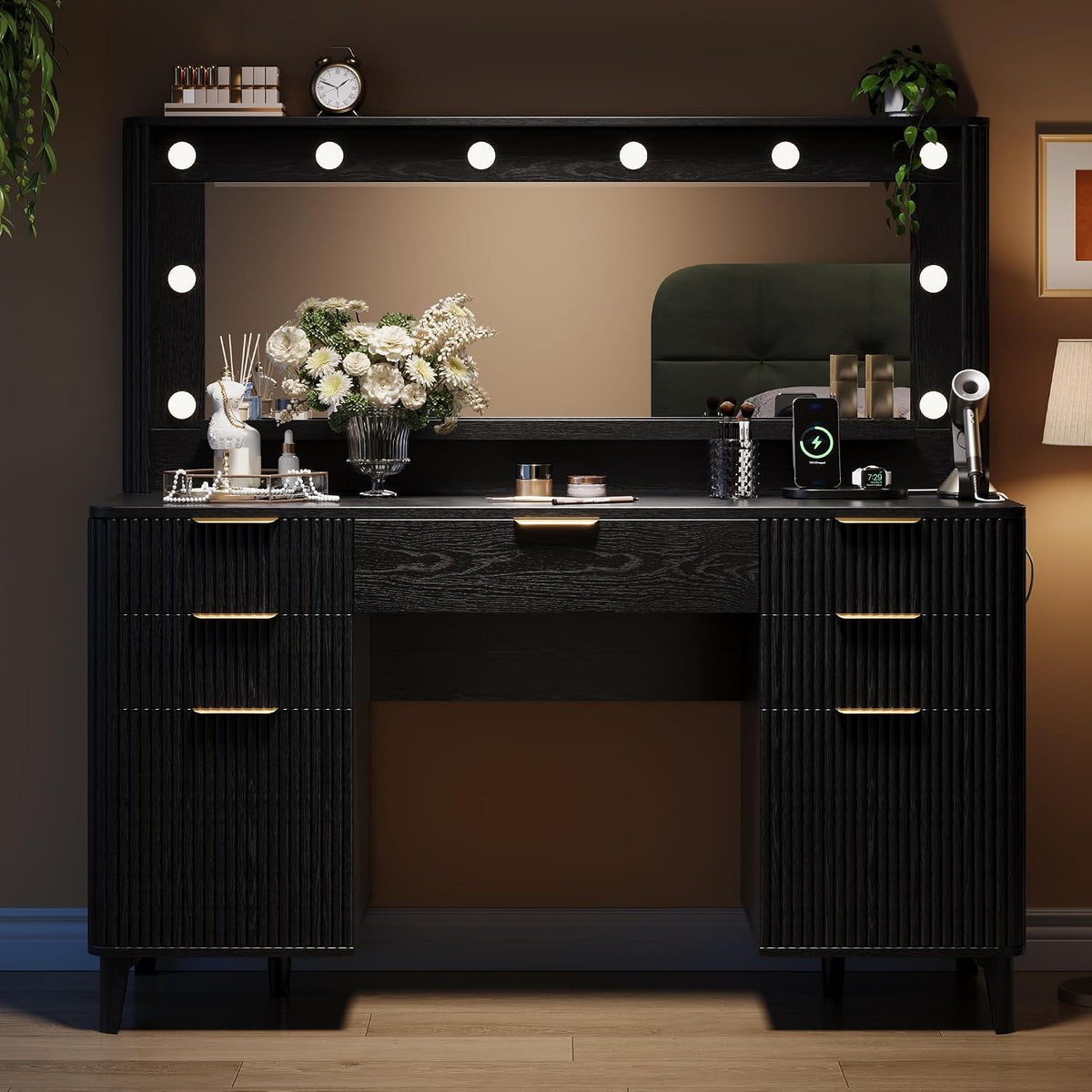 Fluted Makeup Vanity Desk with Large 39.3" Mirror and Lights, 48.8" Wood Vanity, Large Vanity Dressing Table, Modern Wooden Vanity Table for Women and Girls, Bedroom or Dorm (Inky Black)