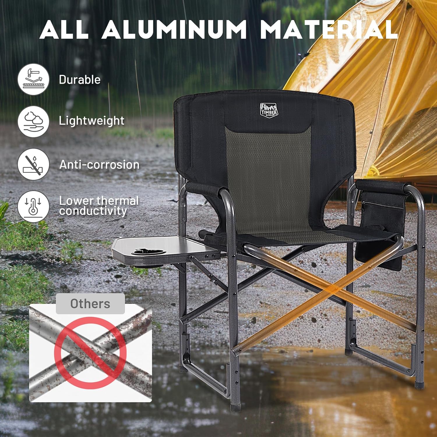 TIMBER RIDGE Aluminum Oversized Camping Chair, Support 400lbs | Lightweight Directors Chair Foldable with Side Table Detachable Side Pocket for Outdoor Camping, Lawn, Picnic