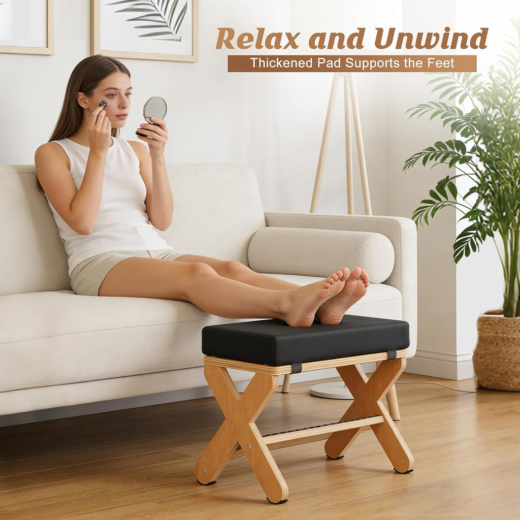 Wood X-Legs Small Ottoman Foot Stool, Sturdy and Anti-Slip Padded Footrest | Multi-function Foot Stool with Pebble Massage Surface & Non-Slip Foot Pads, Seat Footrest for Office, Bedroom & Living Room