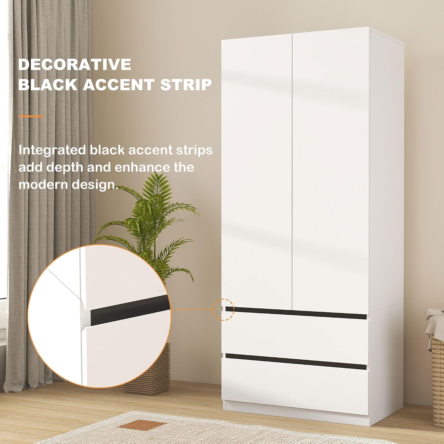 Armoire Wardrobe Closet with Drawers：75" Large White Wardrobe Closet Cabinet with 6 Doors for Hanging Clothes, Modern Wooden Bedroom Armoires with 5 Drawers and Storage (A+B+C, 94.5")