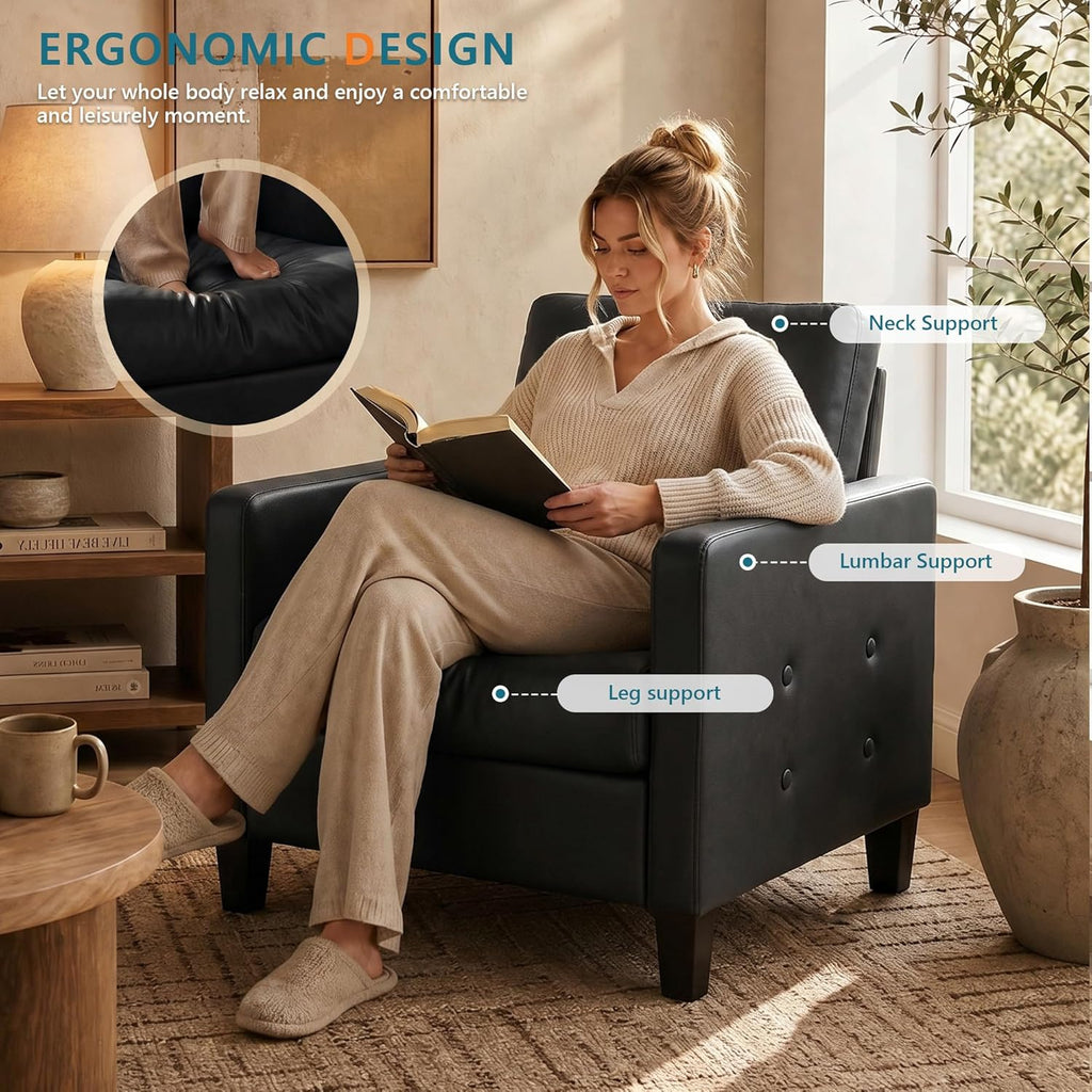 STHOUYN Black Accent Chairs Set of 2, Faux Leather Chair, Mid-Century Modern Living Room Chairs, Cozy Office Reading Chair with Tufted Armrest and Seat, Armchairs for Waiting Room, Bedroom (2)