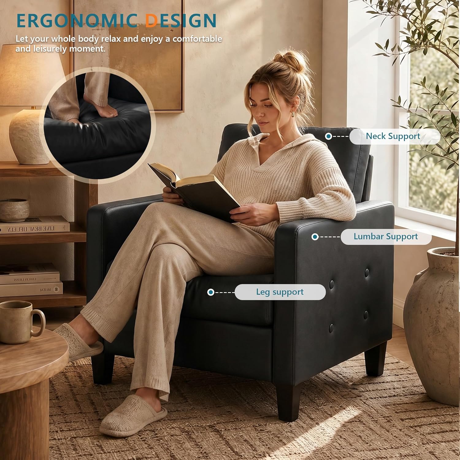 STHOUYN Black Accent Chairs Set of 2, Faux Leather Chair, Mid-Century Modern Living Room Chairs, Cozy Office Reading Chair with Tufted Armrest and Seat, Armchairs for Waiting Room, Bedroom (2)