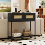 GOFLAME Rattan Console Table, Boho Entryway Table with 2 Drawers & Open Storage Shelf, Narrow Long Sofa Table with Metal Legs, Foyer Table Behind Couch Table for Living Room, Hallway, Black