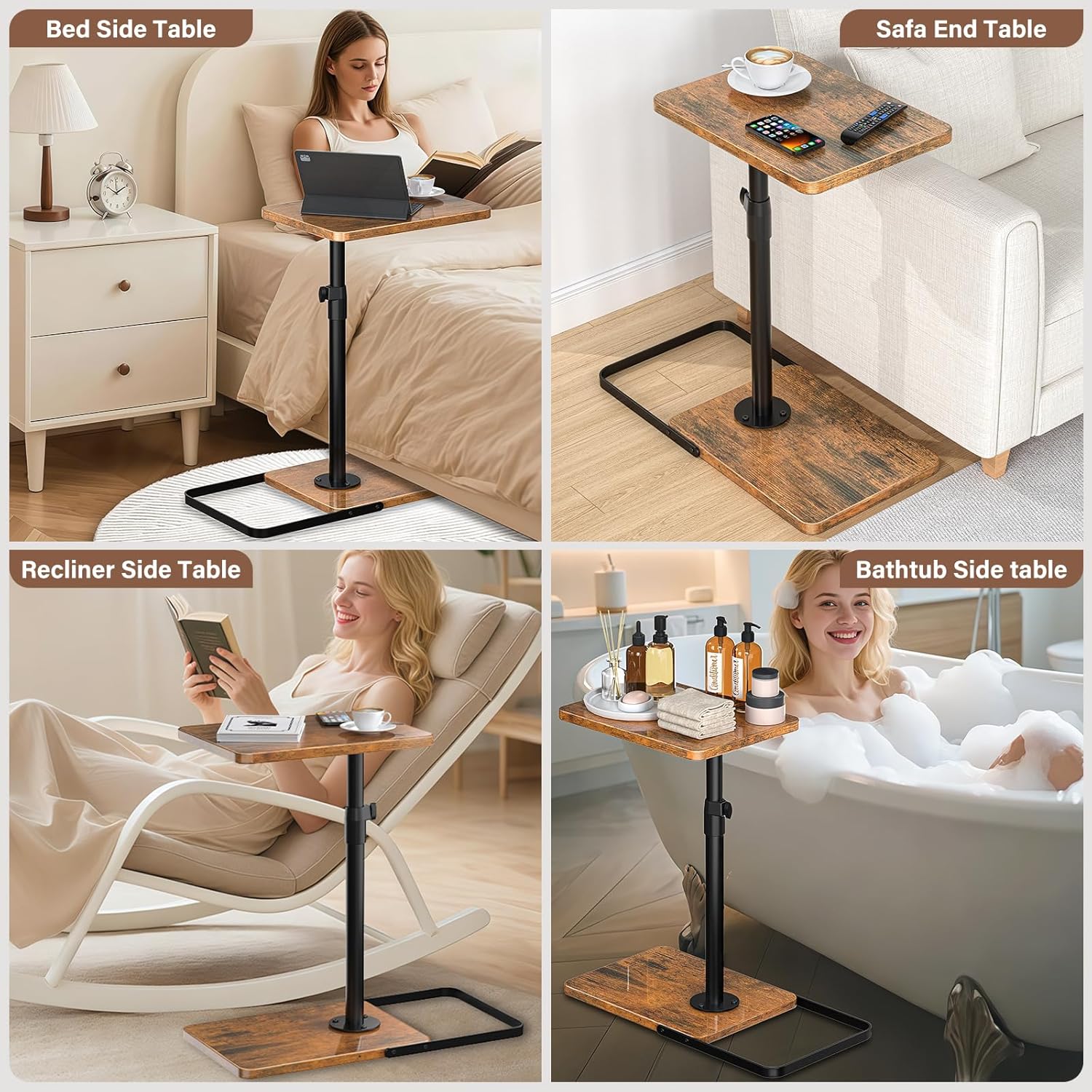 C Table End Table Adjustable Height, 360°Swivel TV Tray Table, Upgraded Metal and Wooden Base to Prevent Slipping, Couch Armrest Table Snack Tables for Laptop Sofa Bed Dinner or Small Space(Brown）