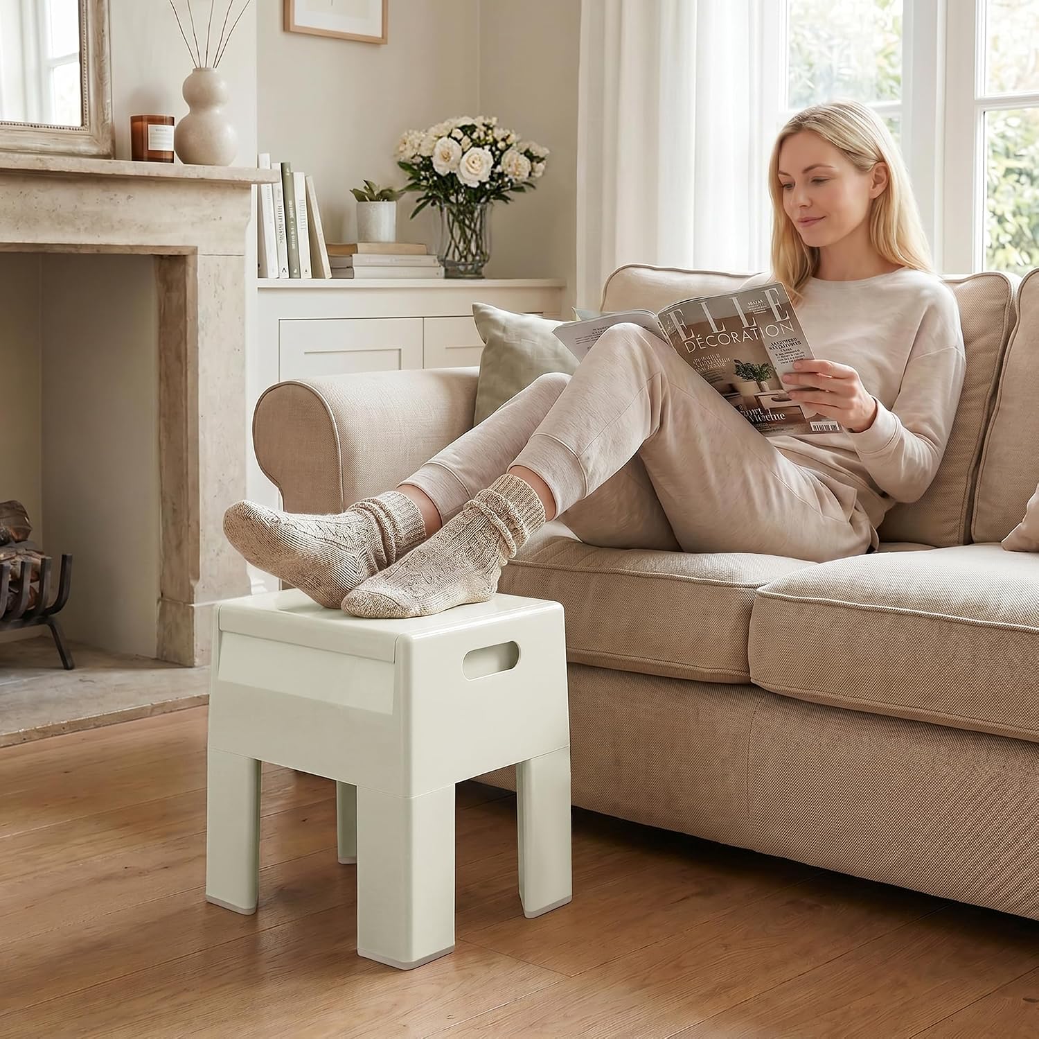 Modern Nightstand - Multifunctional Plastic Bedside Table with Storage Space, Side Table Easy Assembly for Bedroom, Dorm and Small Areas (14.2" D x 11.8" W x 15.78" H, Beige White)