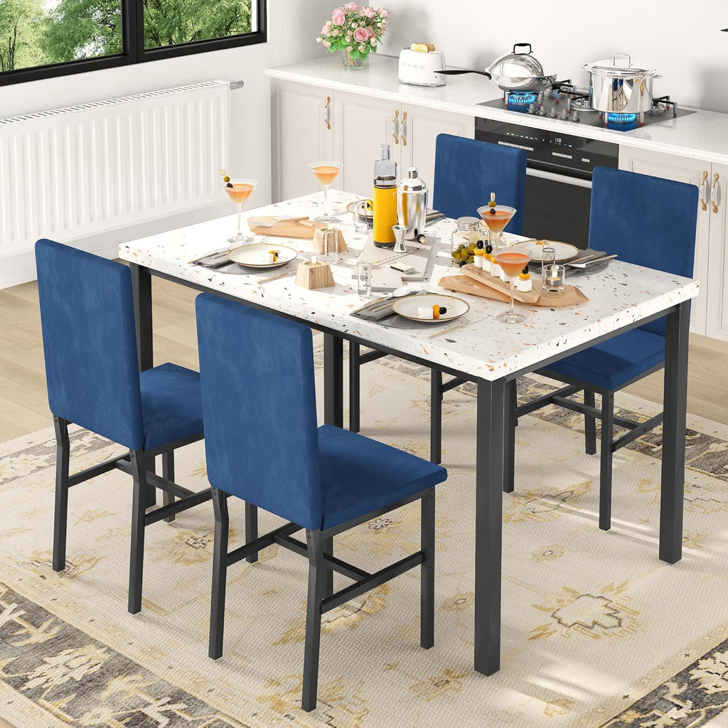 AWQM Dining Table Set for 4, Modern Faux Marble Dining Table Set with 4 Upholstered Velvet Chairs, Dining Room Table Set for Kitchen, Breakfast Nook, Dining Room, Blue