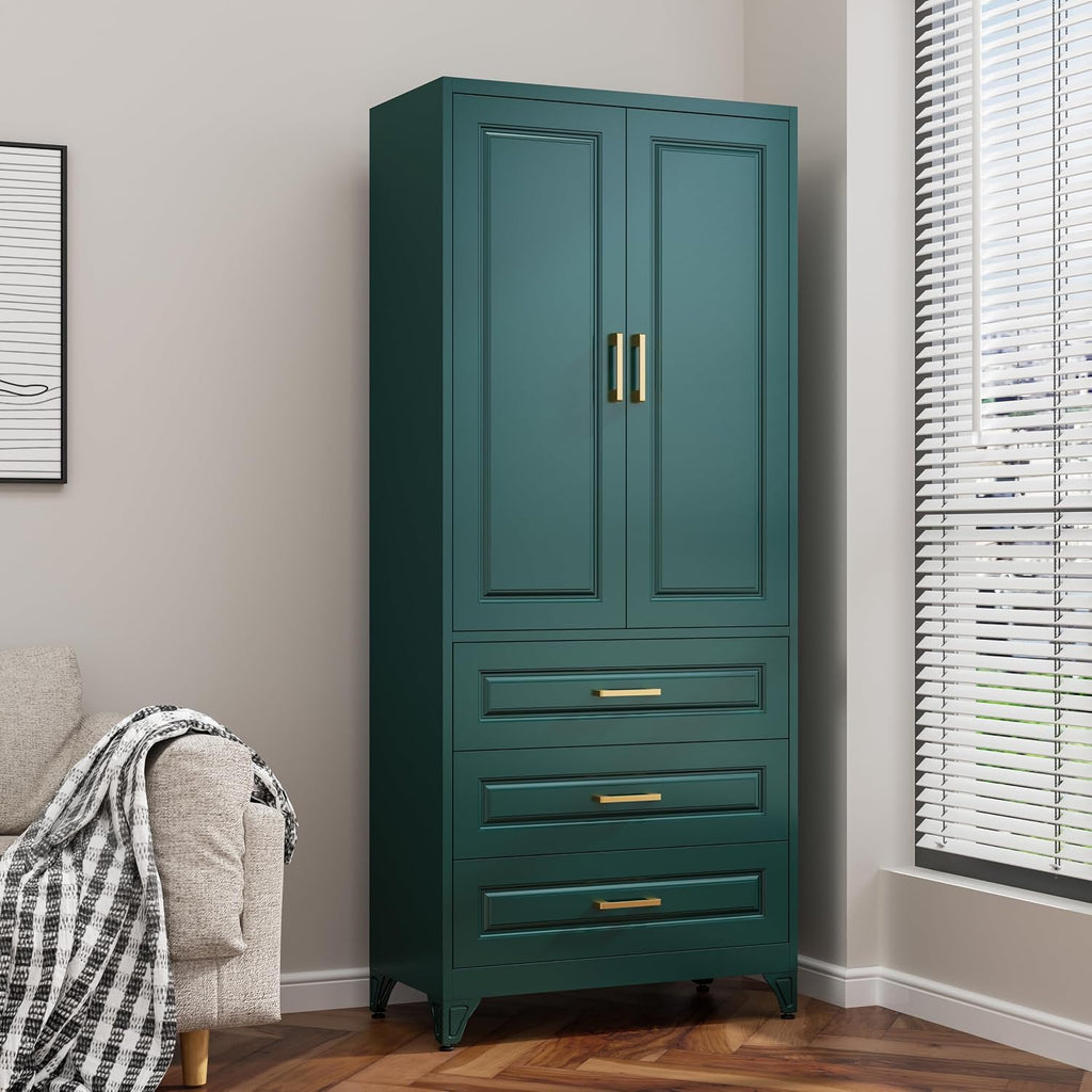 75" Metal Pantry Storage Cabinet with 3 Drawers, Green | Premium Cold-Rolled Steel Frame, Luxury Gold Handles, Adjustable Inner Shelves, Magnetic Doors, Anti-Tipping Kit