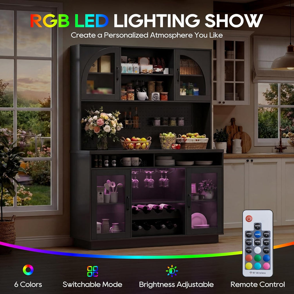 IPKIG 71" Kitchen Pantry Cabinet with Charging Station, Kitchen Hutch Storage Cabinet with LED Lights, Pantry Organizers and Storage with Anti-Tip Device for Dining Room, Black