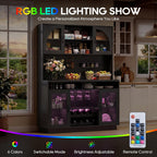IPKIG 71" Kitchen Pantry Cabinet with Charging Station, Kitchen Hutch Storage Cabinet with LED Lights, Pantry Organizers and Storage with Anti-Tip Device for Dining Room, Black