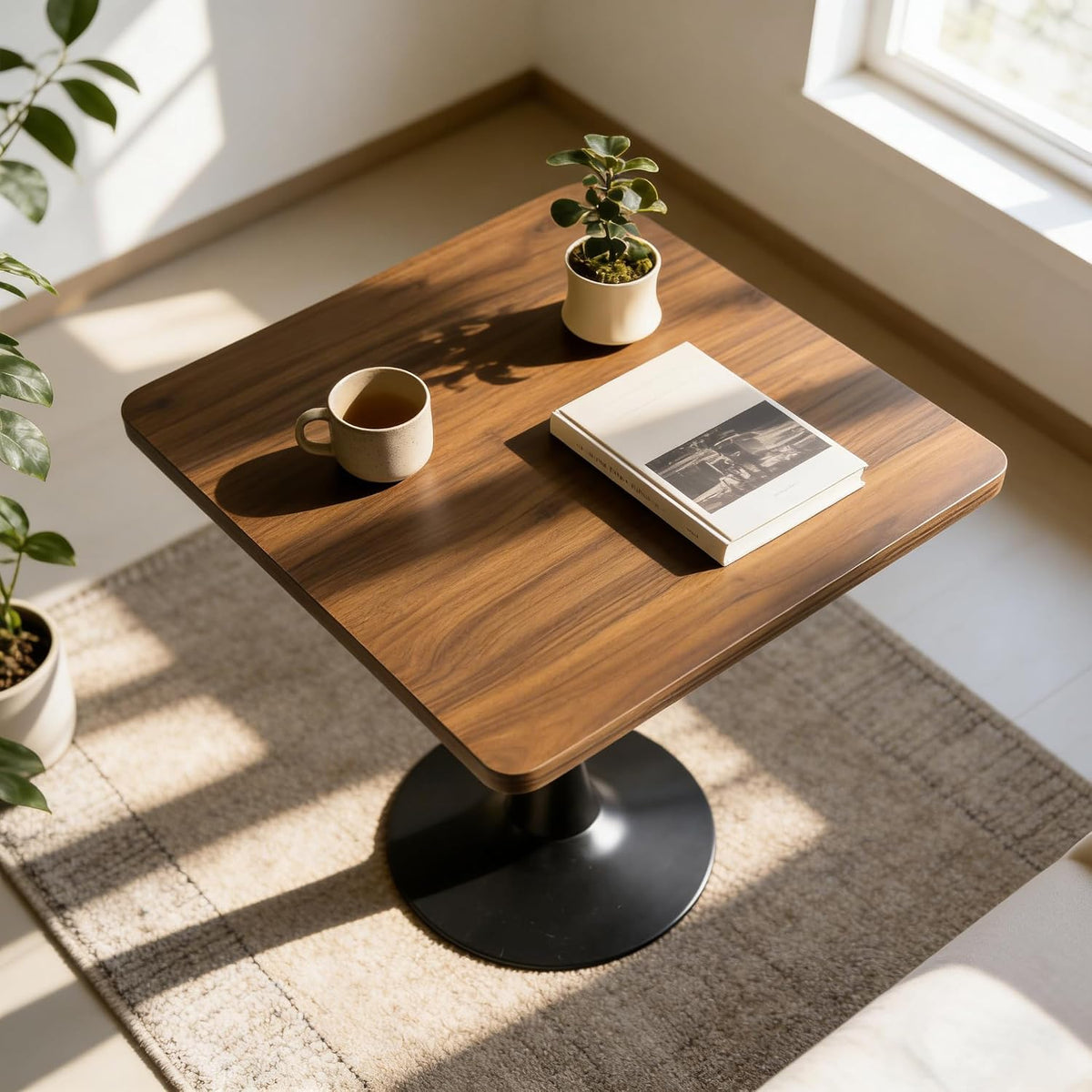 27.6" Tulip Table for 2-3 Persons Walnut Modern Square Dining Tables Mid-Century Leisure Table Thickened Wooden MDF Top Black Metal Base, for Living Room Kitchen (Walnut,27.6")