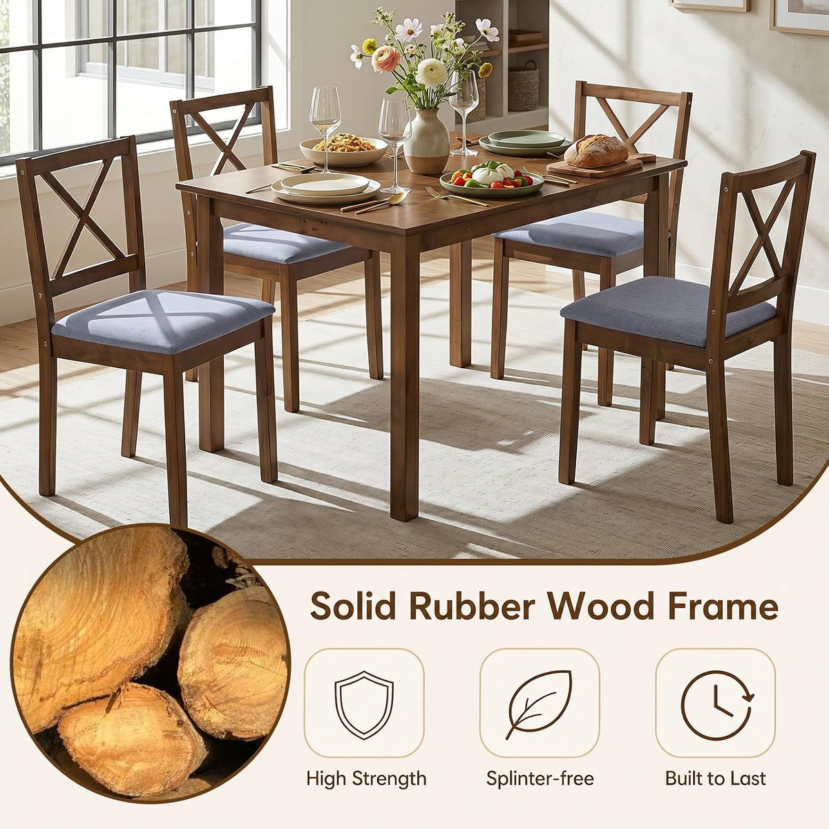 Giantex Dining Table Set for 4, Wood Kitchen Table with Upholstered Chairs | Farmhouse Space-Saving Dinette Set with X-Shaped Backrest for Small Space, Breakfast Nook, Dining Room