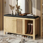 UNIQUITE Shoe Storage Bench with Flip Drawers, Padded Seat Cushion, 39.4" W x 12.6" D x 21.85" H, Entryway Cabinet with Slatted Doors for Hallway Living Room, Natural