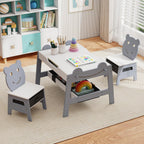 Children's Table with 2 Bear Chairs, 5-in-1 Painting Table with Reversible Board & Whiteboard, Children's Seating Set with Storage Space, 4 Hooks & Fabric Containers for Children 3-10 Years