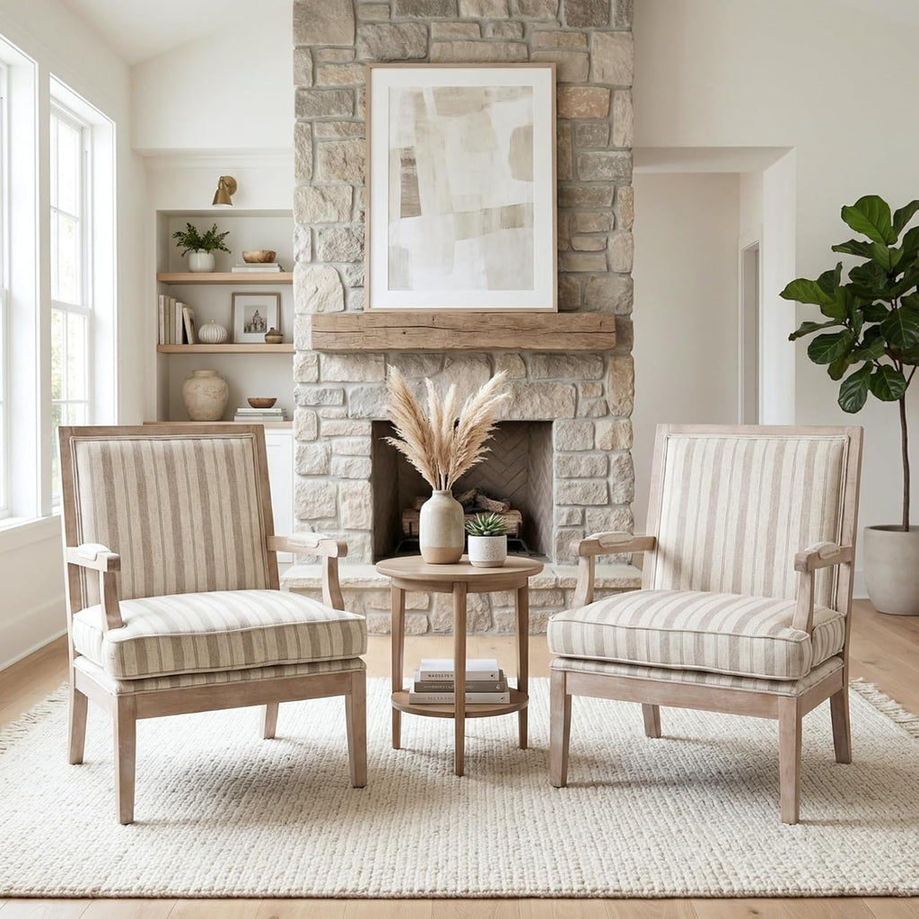 Modern Farmhouse Striped Accent Chair, Wide Upholstered Armchair with Armrest Pads, Coastal French Country Solid Wood Reading Chair for Living Room Bedroom Guest Room, Linen Fabric