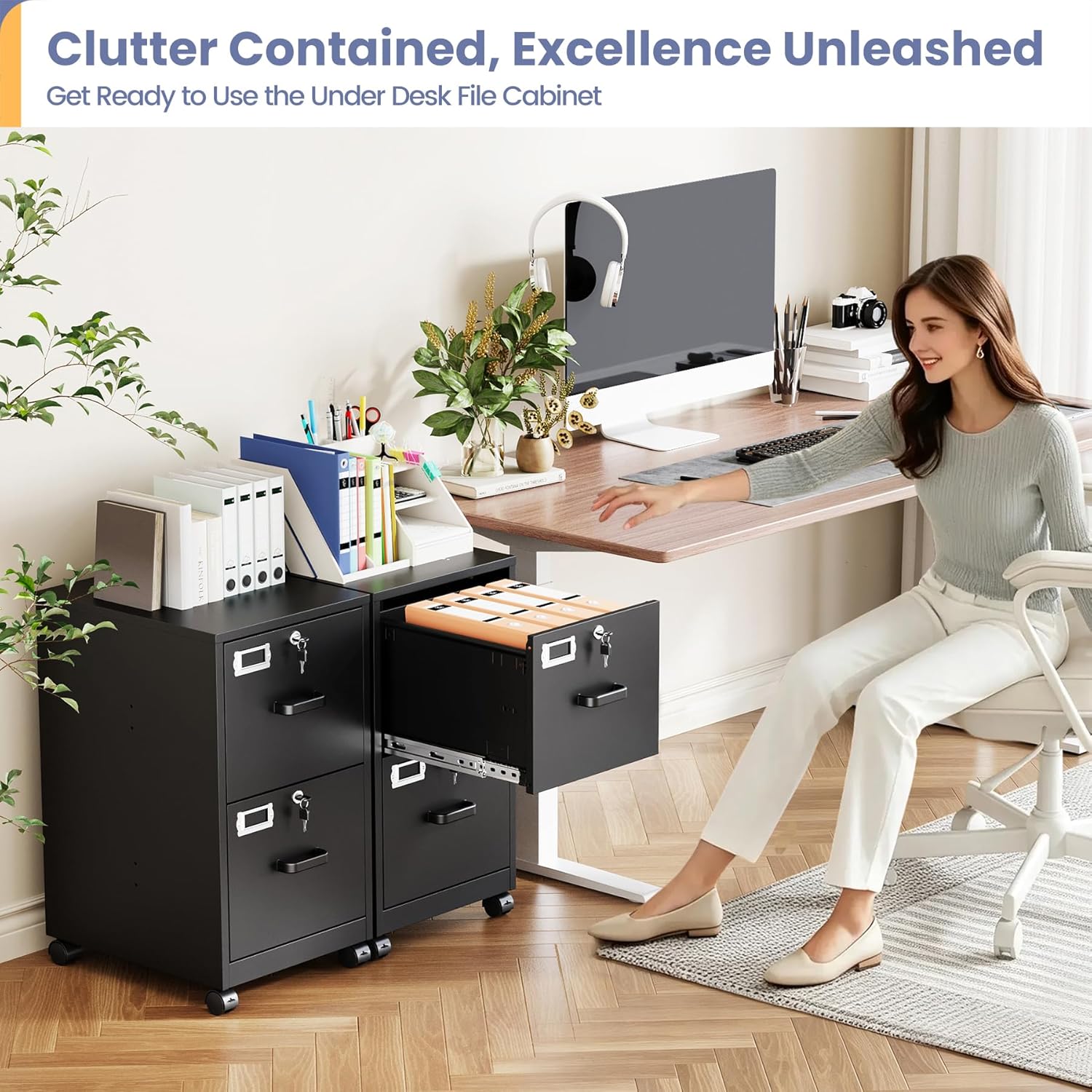 2-Drawer Rolling File Cabinet with Lock, Mobile Vertical File Cabinet for Hanging A4/Letter/Legal Size Folder, Under Desk Small Filing Cabinets for Home Office, Assembly Required,Black