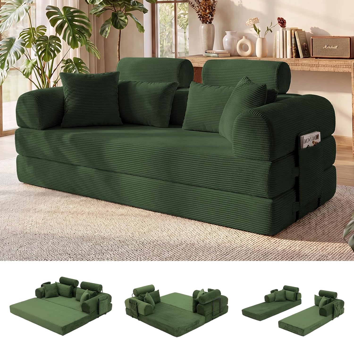 79" Convertible Futon Sofa Bed,High Back Couch for Living Room | 5-in-1 Corduroy Loveseat Sleeper, Futon Couch with Ergonomic Support & Side Storage Pocket, No Assembly,Olive Green