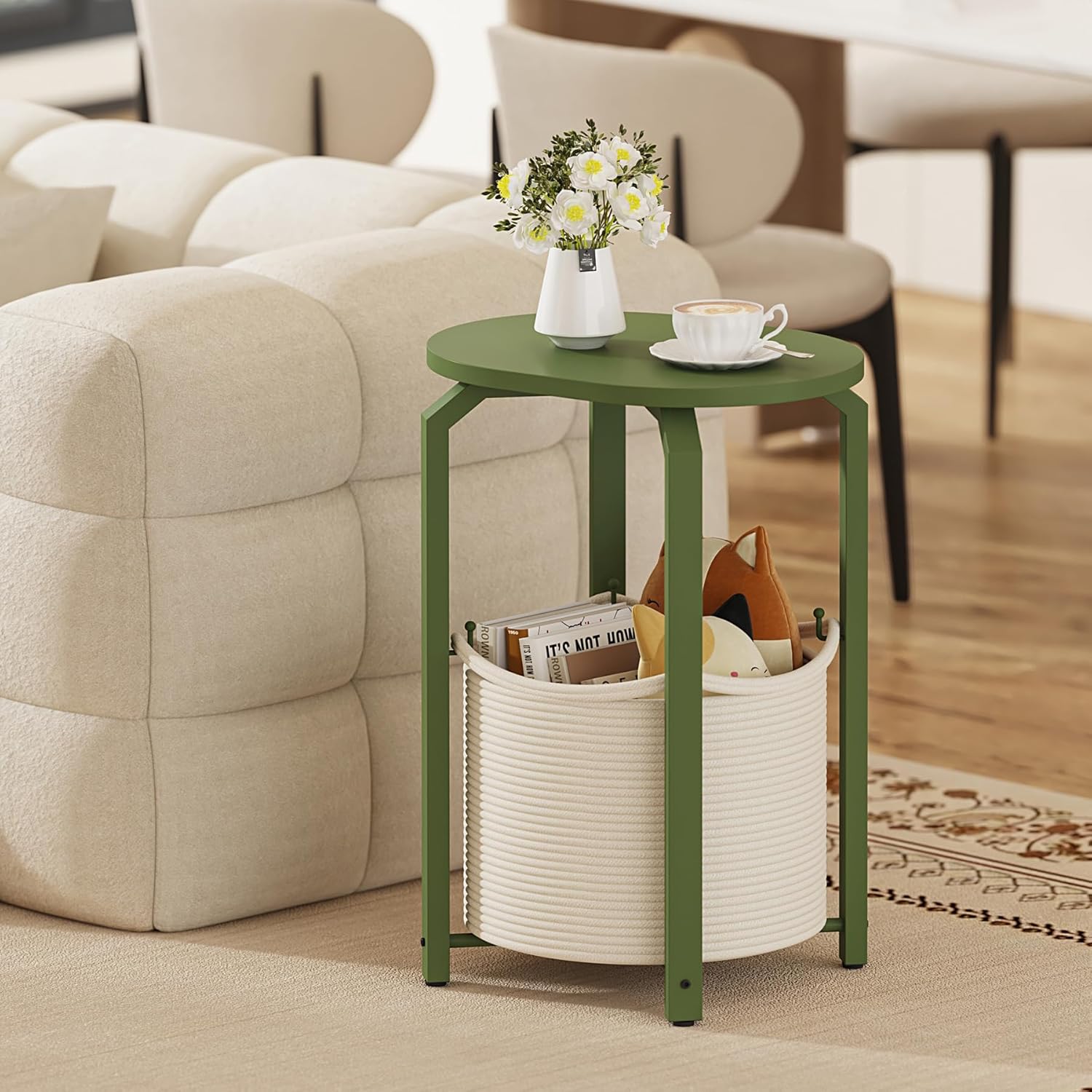 TUTOTAK Oval End Table with Woven Storage Basket, Olive Green Small Side Table for Living Room, Bedroom, TB01BOG093