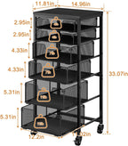 6-Tier Kitchen Storage Cart -Fruit Vegetable Storage Cart with Drawers, Wooden Top Metal Wire Kitchen Organizer and Storage Cart with Wheels to Storage Onions Potatoes Cans Snacks for Kitchen