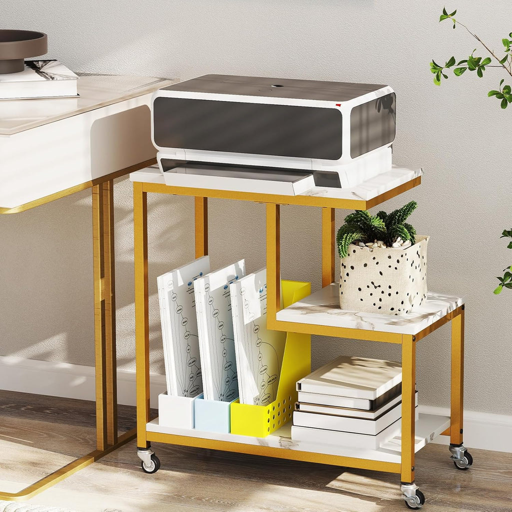 Giantex 3-Tier Side Table with Wheels, G-Shaped Mobile End Table with Open Shelves & Metal Frame, Rolling Sofa Couch Table for Living Room Bedroom Office, White & Gold